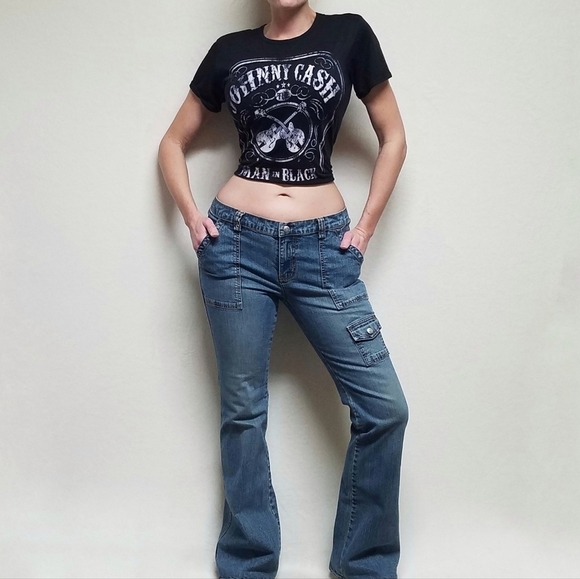 Vintage 90s Guess Stretch Fit Low Rise Mid Wash Flare Extra Pocket Cargo Jeans - Picture 2 of 10